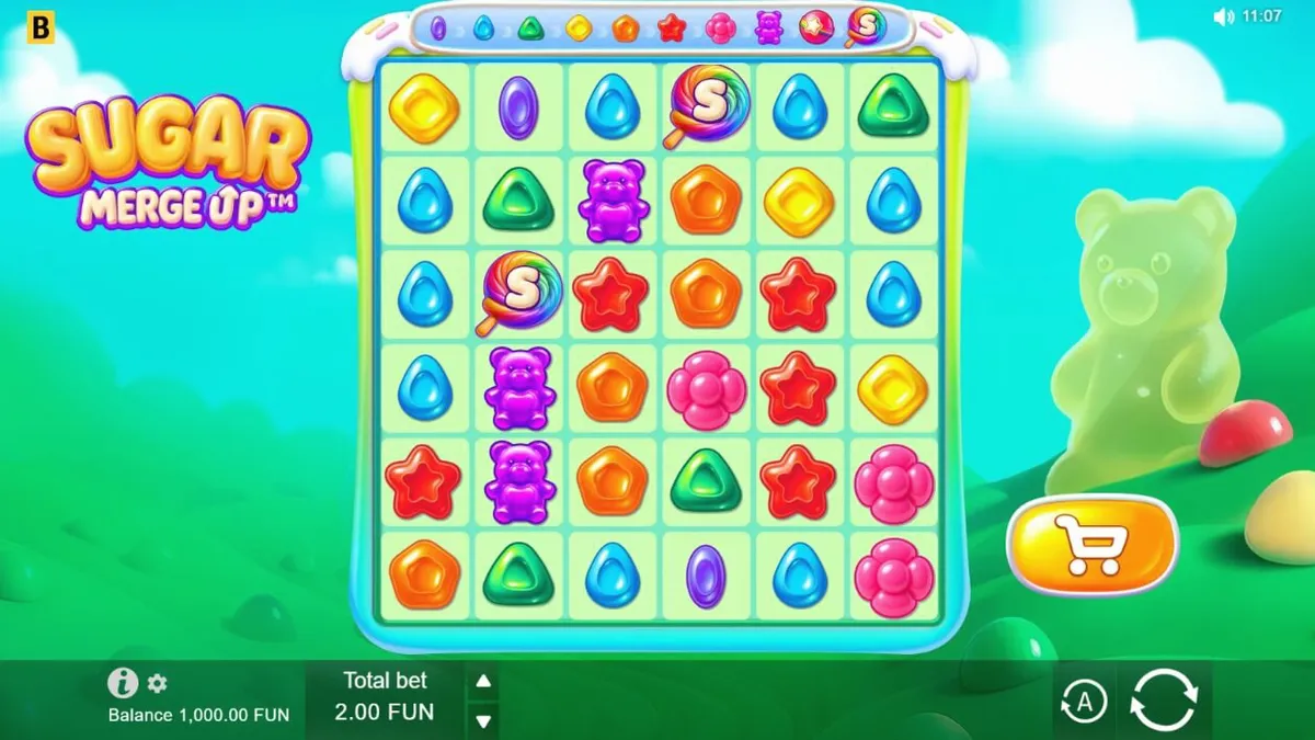 Tampilan visual ceria dan penuh warna dari slot Sugar Merge Up dengan simbol permen.