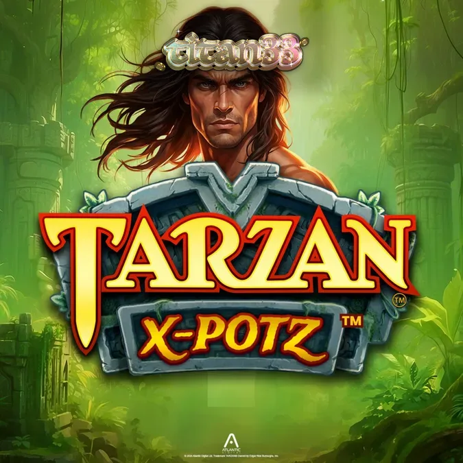 Tampilan visual slot Tarzan X-Potz dengan latar belakang hutan dan simbol karakter.
